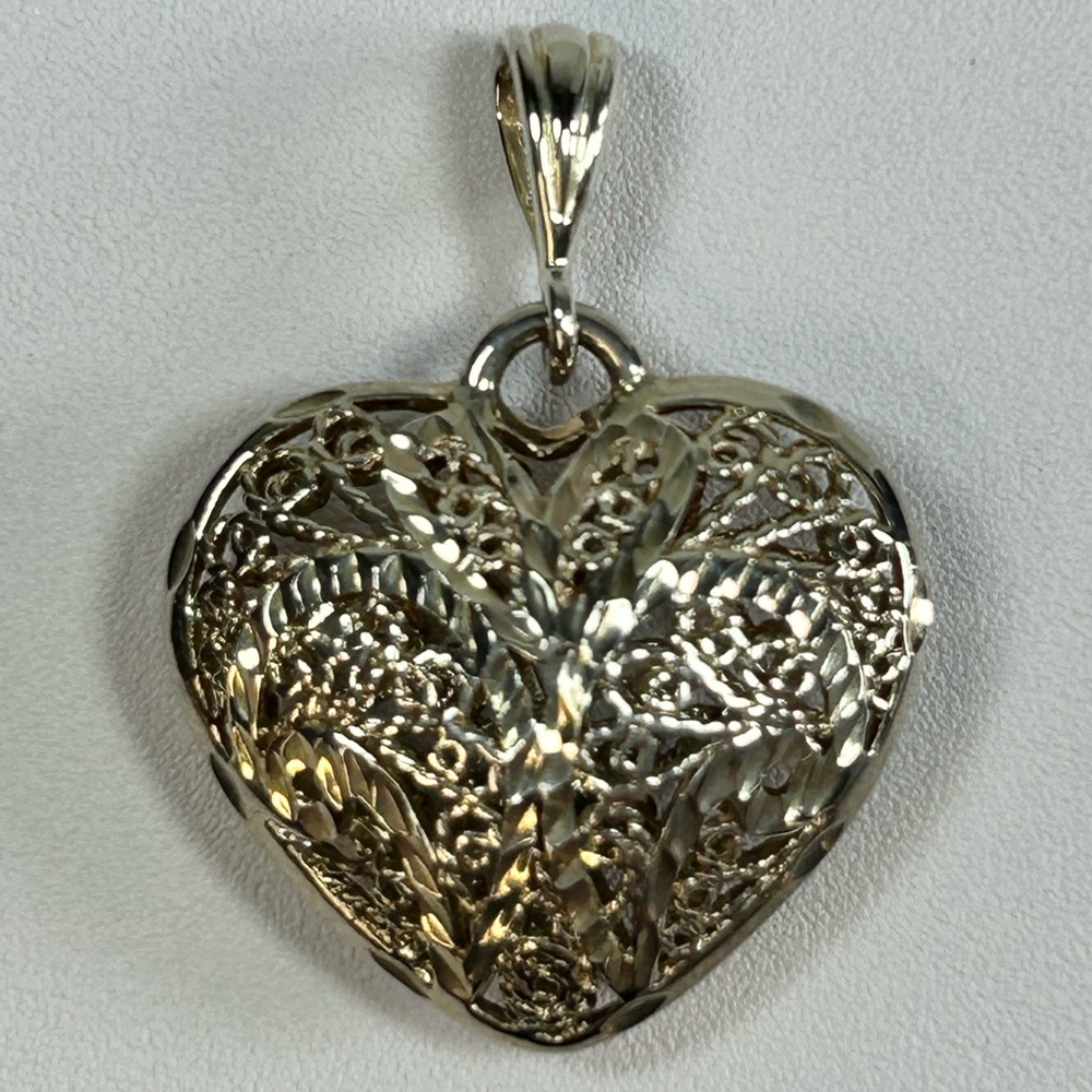 Puffy Filigree Heart Pendant Silver Plated Stamped 925 CL Filigree Openwork